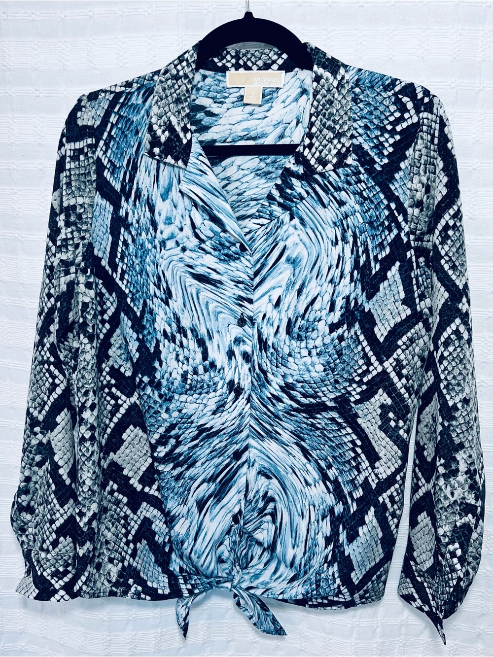 Michael Kors Blue and Black Snake-Print Tie-Front Blouse
